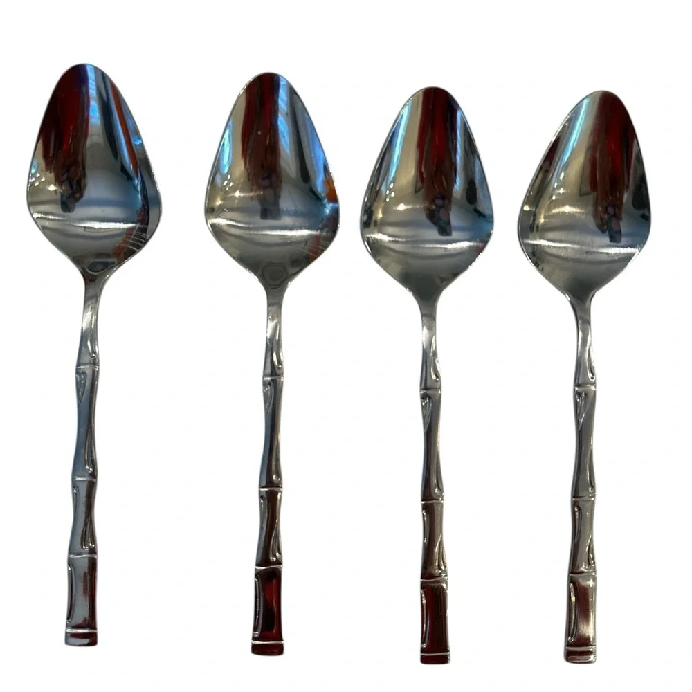 8 Piece VTG Mid Century KOREA Bamboo Stainless Steel Flatware Tablespoons 7.5